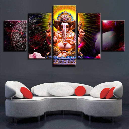 Lord Ganesha Theme 5 Piece HD Multi Panel Canvas Wall Art Frame - Original Frame