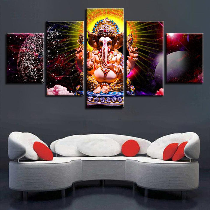 Lord Ganesha Theme 5 Piece HD Multi Panel Canvas Wall Art Frame - Original Frame