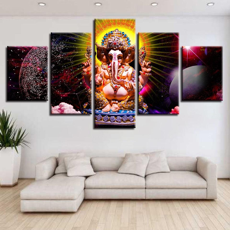 Lord Ganesha Theme 5 Piece HD Multi Panel Canvas Wall Art Frame - Original Frame