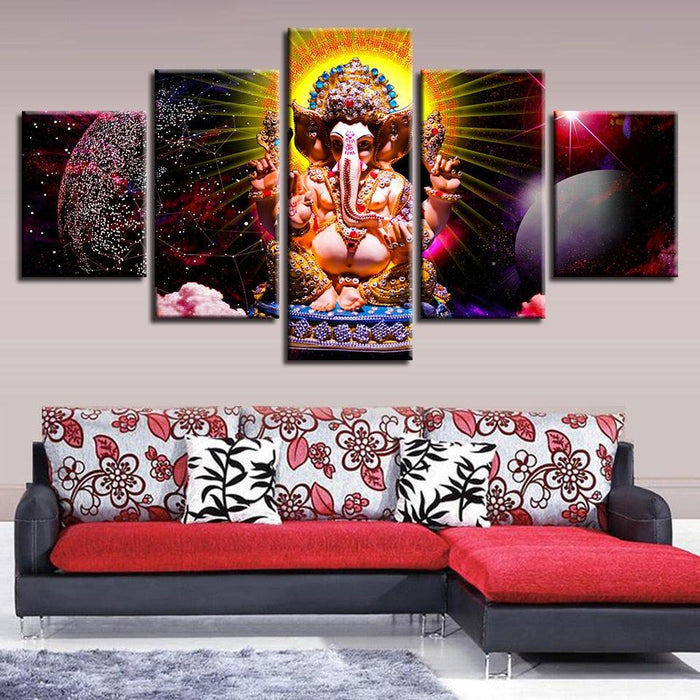 Lord Ganesha Theme 5 Piece HD Multi Panel Canvas Wall Art Frame - Original Frame