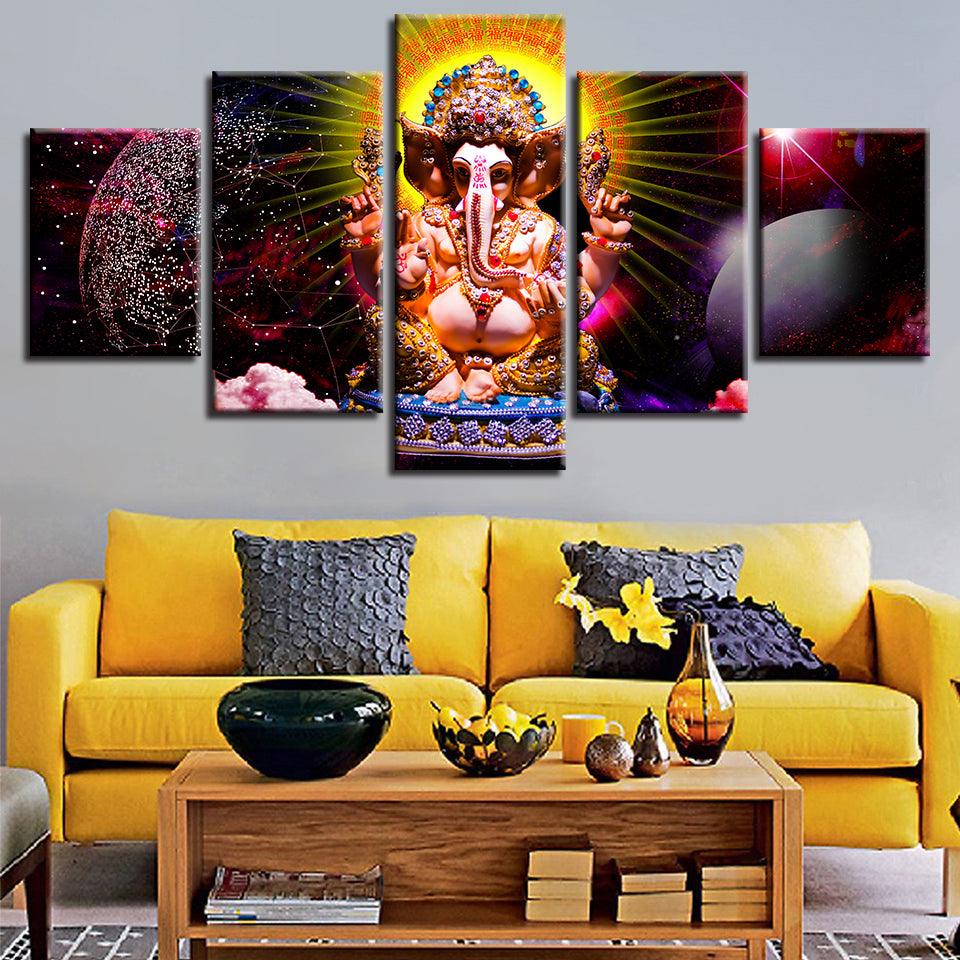Lord Ganesha Theme 5 Piece HD Multi Panel Canvas Wall Art Frame - Original Frame