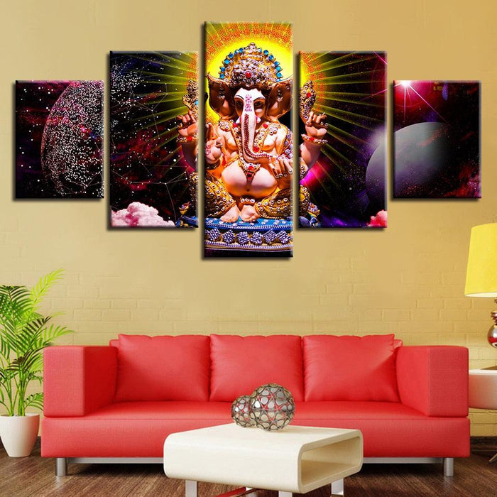 Lord Ganesha Theme 5 Piece HD Multi Panel Canvas Wall Art Frame - Original Frame