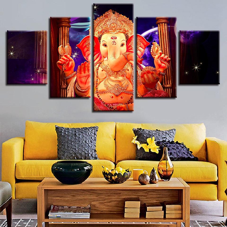 Lord Ganesha With Star 5 Piece HD Multi Panel Canvas Wall Frame - Original Frame