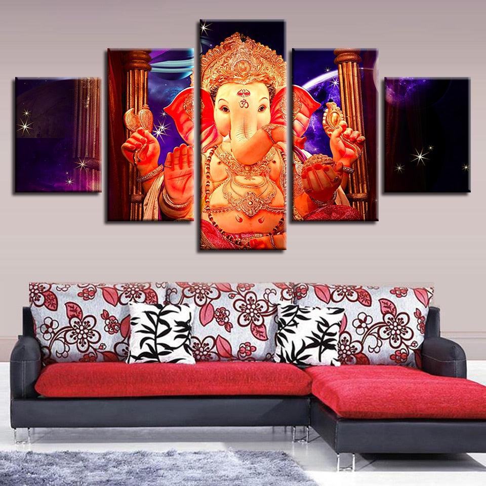 Lord Ganesha With Star 5 Piece HD Multi Panel Canvas Wall Frame - Original Frame