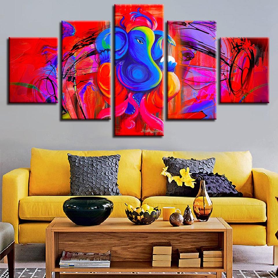 Ganesha Red And Blue 5 Piece HD Multi Panel Canvas Wall Art Frame - Original Frame