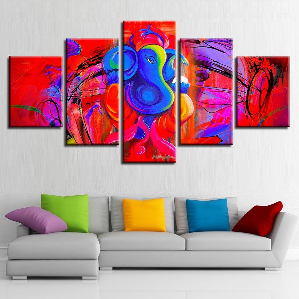 Ganesha Red And Blue 5 Piece HD Multi Panel Canvas Wall Art Frame - Original Frame