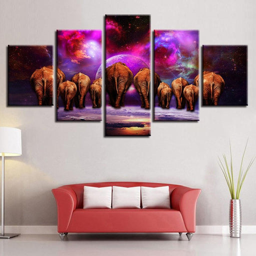 Elephant Group Nebula Scenery 5 Piece HD Multi Panel Canvas Wall Art Frame - Original Frame