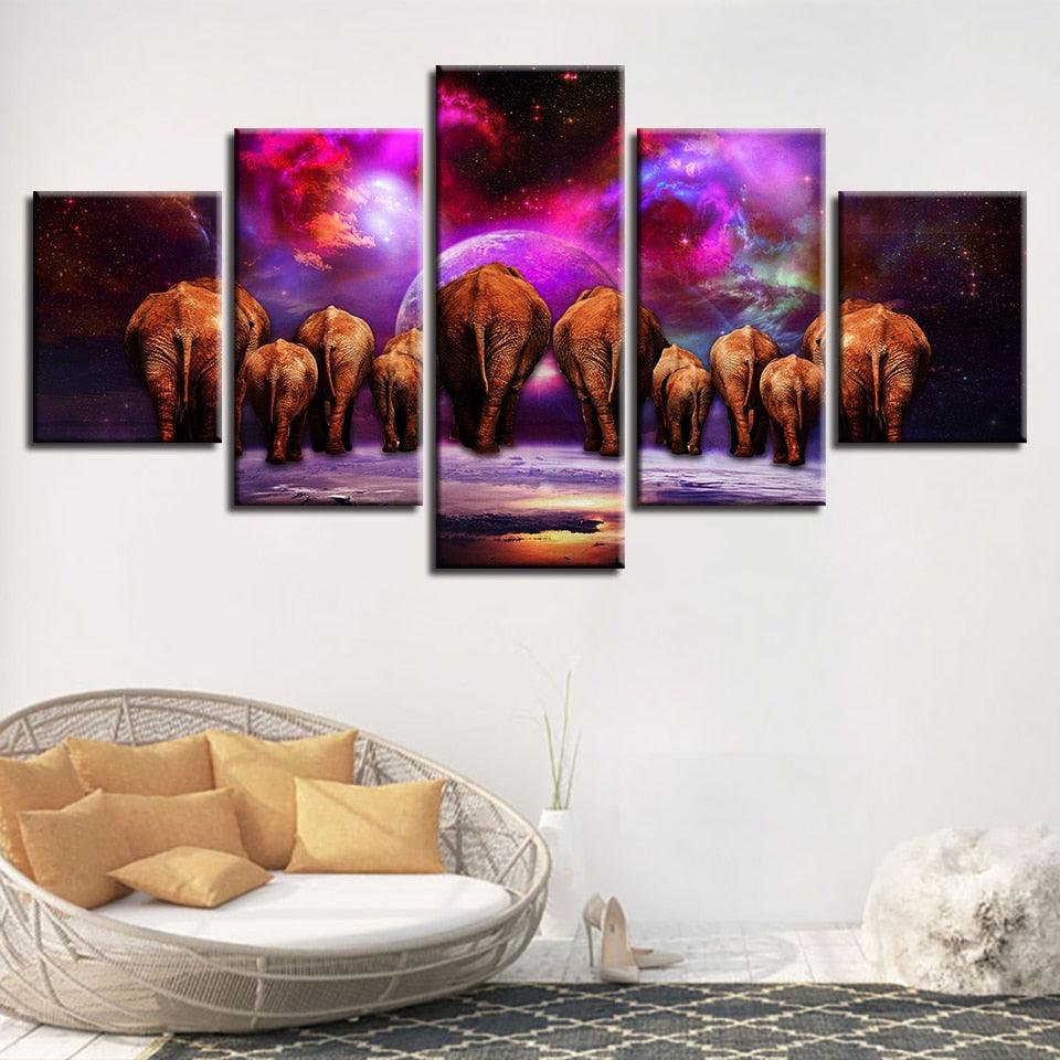 Elephant Group Nebula Scenery 5 Piece HD Multi Panel Canvas Wall Art Frame - Original Frame