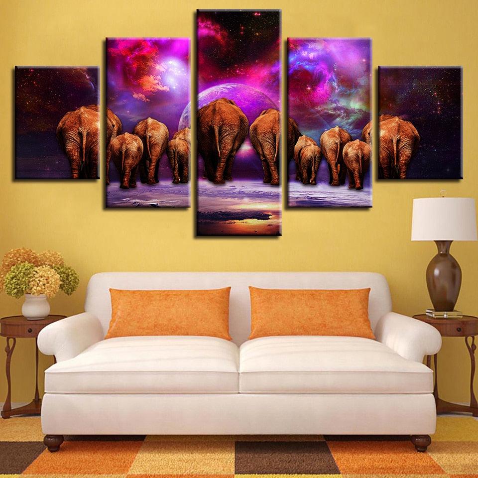 Elephant Group Nebula Scenery 5 Piece HD Multi Panel Canvas Wall Art Frame - Original Frame