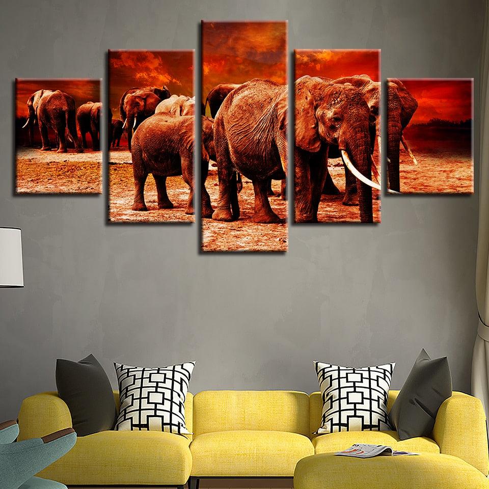 Elephant Group 5 Piece HD Multi Panel Canvas Wall Art Frame - Original Frame