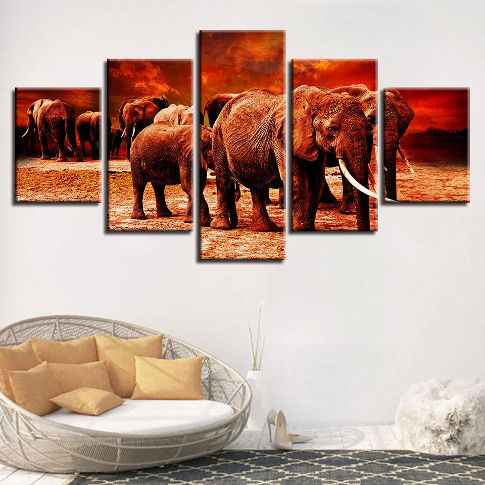 Elephant Group 5 Piece HD Multi Panel Canvas Wall Art Frame - Original Frame