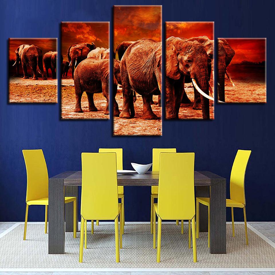 Elephant Group 5 Piece HD Multi Panel Canvas Wall Art Frame - Original Frame