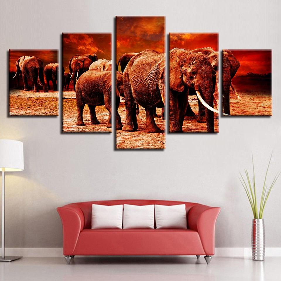 Elephant Group 5 Piece HD Multi Panel Canvas Wall Art Frame - Original Frame