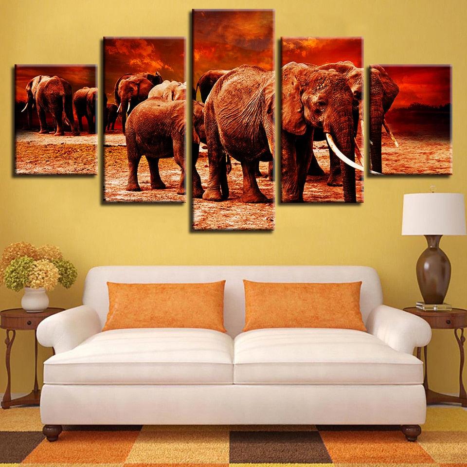 Elephant Group 5 Piece HD Multi Panel Canvas Wall Art Frame - Original Frame