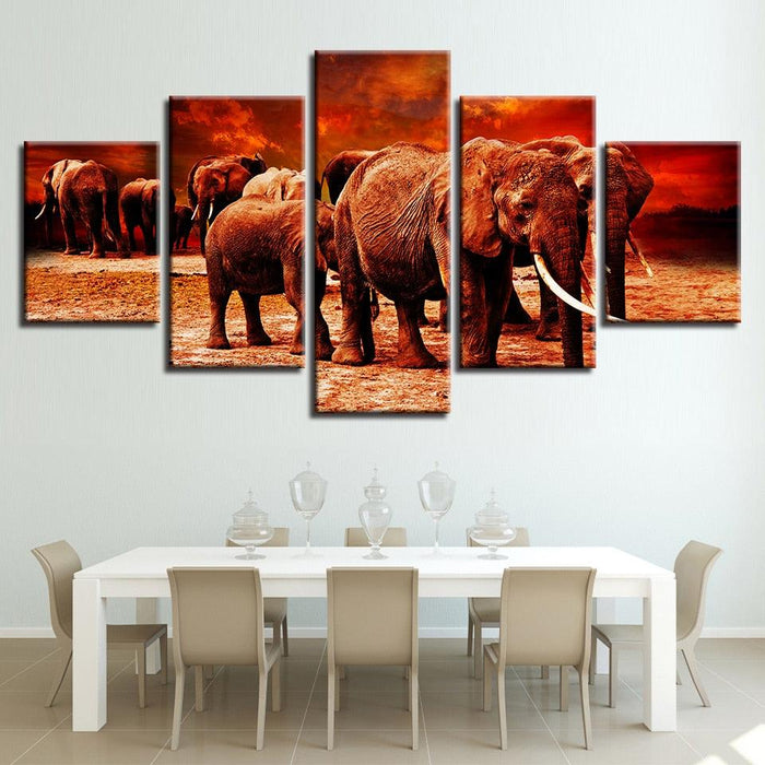 Elephant Group 5 Piece HD Multi Panel Canvas Wall Art Frame - Original Frame