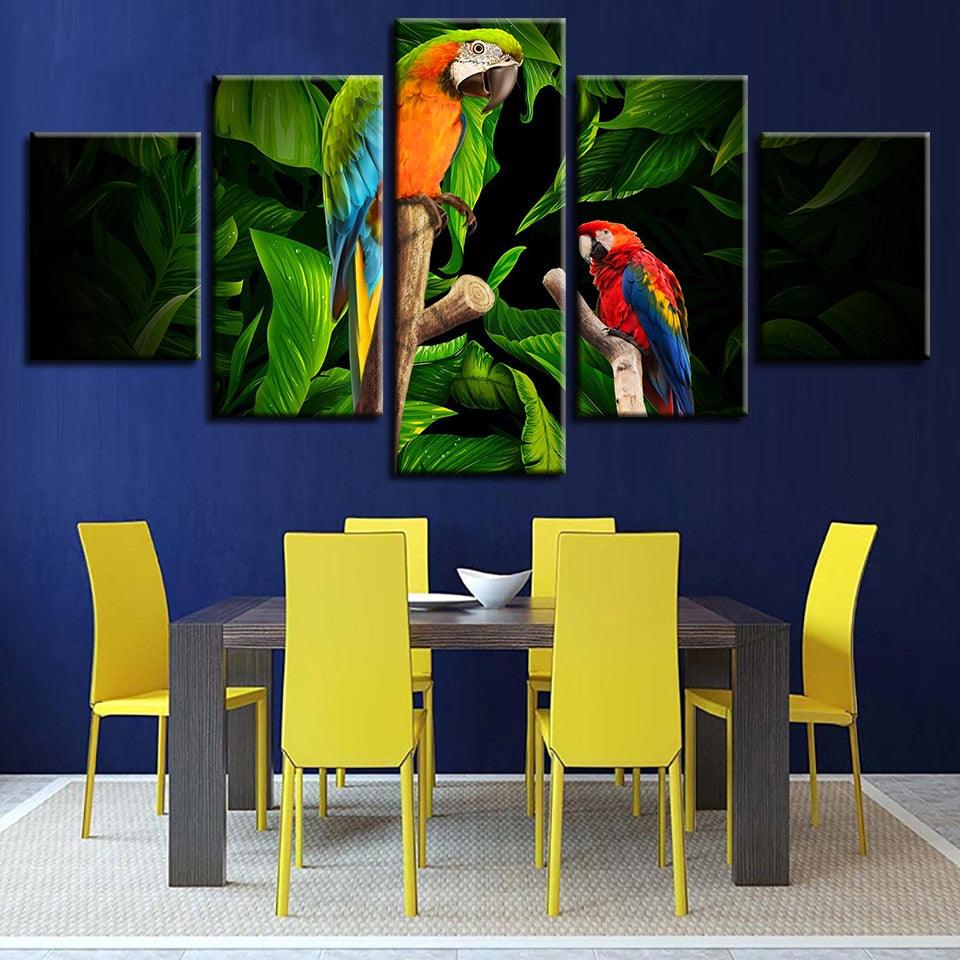 Tropical Parrots on Tree 5 Piece HD Multi Panel Canvas Wall Art Frame - Original Frame