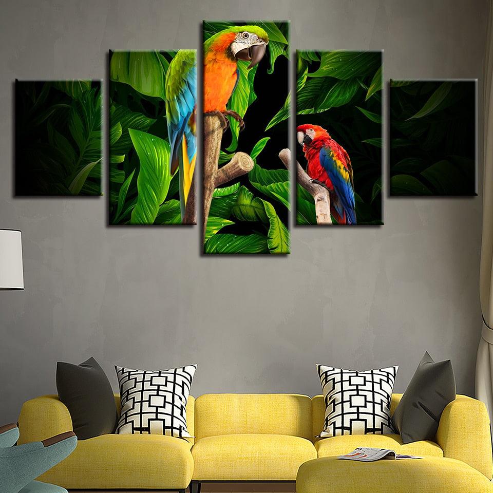 Tropical Parrots on Tree 5 Piece HD Multi Panel Canvas Wall Art Frame - Original Frame