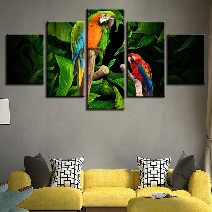 Tropical Parrots on Tree 5 Piece HD Multi Panel Canvas Wall Art Frame