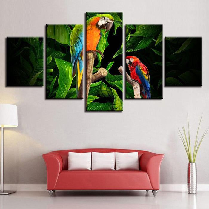 Tropical Parrots on Tree 5 Piece HD Multi Panel Canvas Wall Art Frame