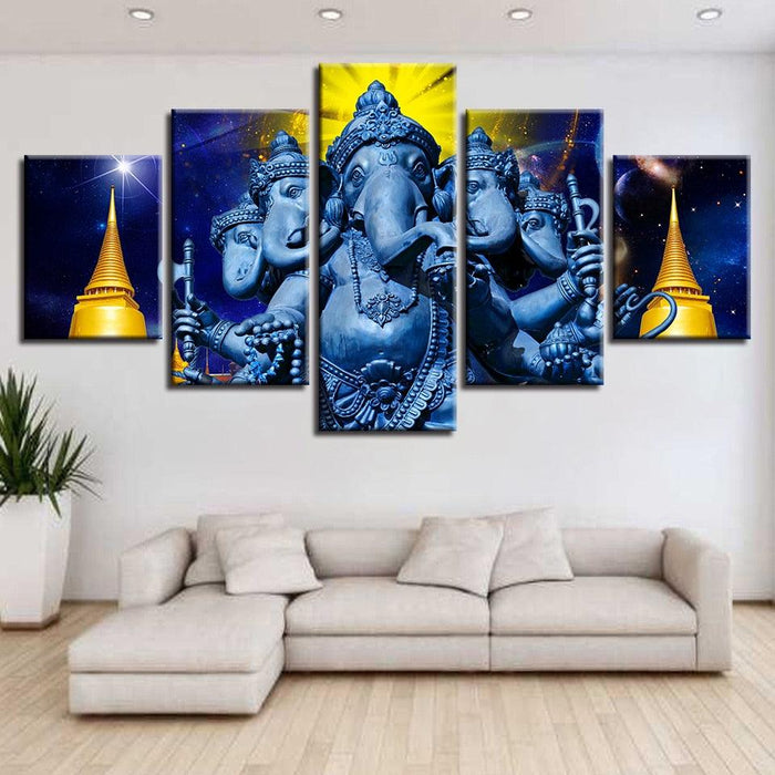 Hindu God Ganesha 5 Piece HD Multi Panel Canvas Wall Art Frame - Original Frame