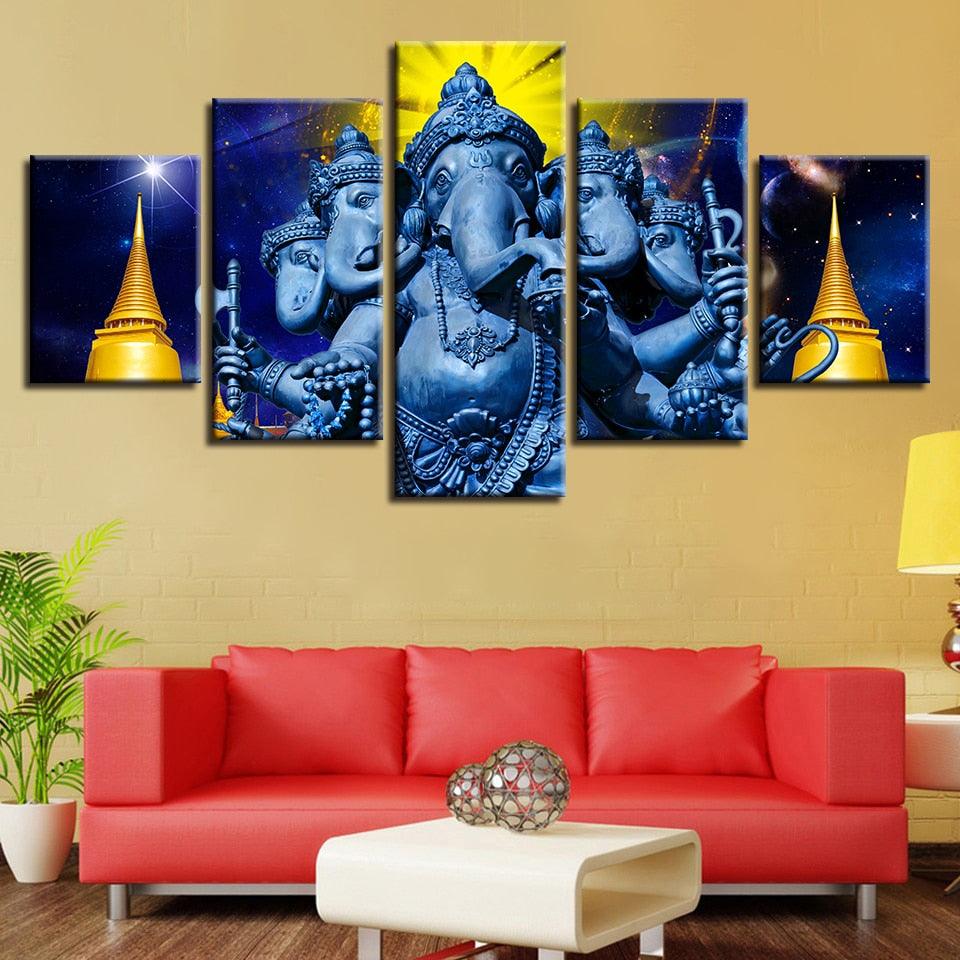 Hindu God Ganesha 5 Piece HD Multi Panel Canvas Wall Art Frame - Original Frame