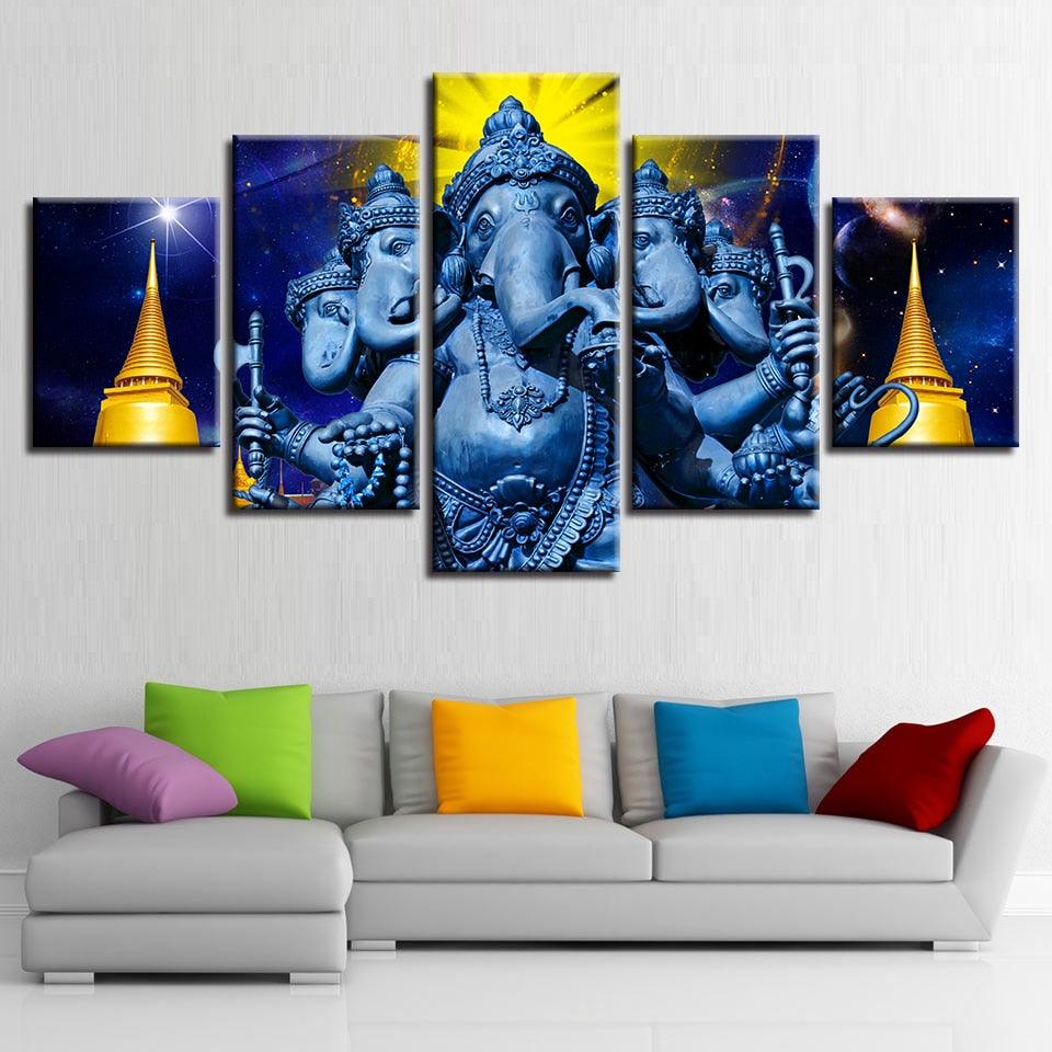 Hindu God Ganesha 5 Piece HD Multi Panel Canvas Wall Art Frame - Original Frame