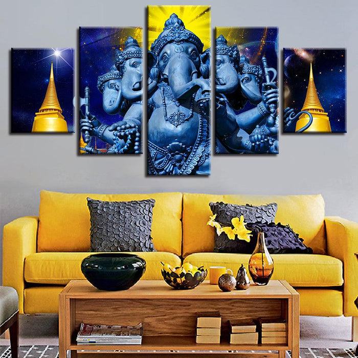 Hindu God Ganesha 5 Piece HD Multi Panel Canvas Wall Art Frame - Original Frame