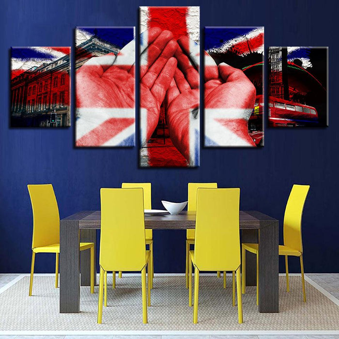 British Flag And Hand Building 5 Piece HD Multi Panel Canvas Wall Art Frame - Original Frame