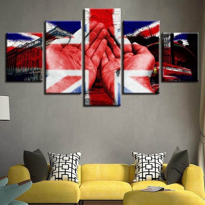 British Flag And Hand Building 5 Piece HD Multi Panel Canvas Wall Art Frame - Original Frame