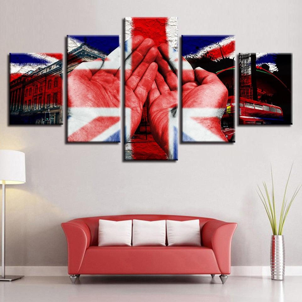 British Flag And Hand Building 5 Piece HD Multi Panel Canvas Wall Art Frame - Original Frame