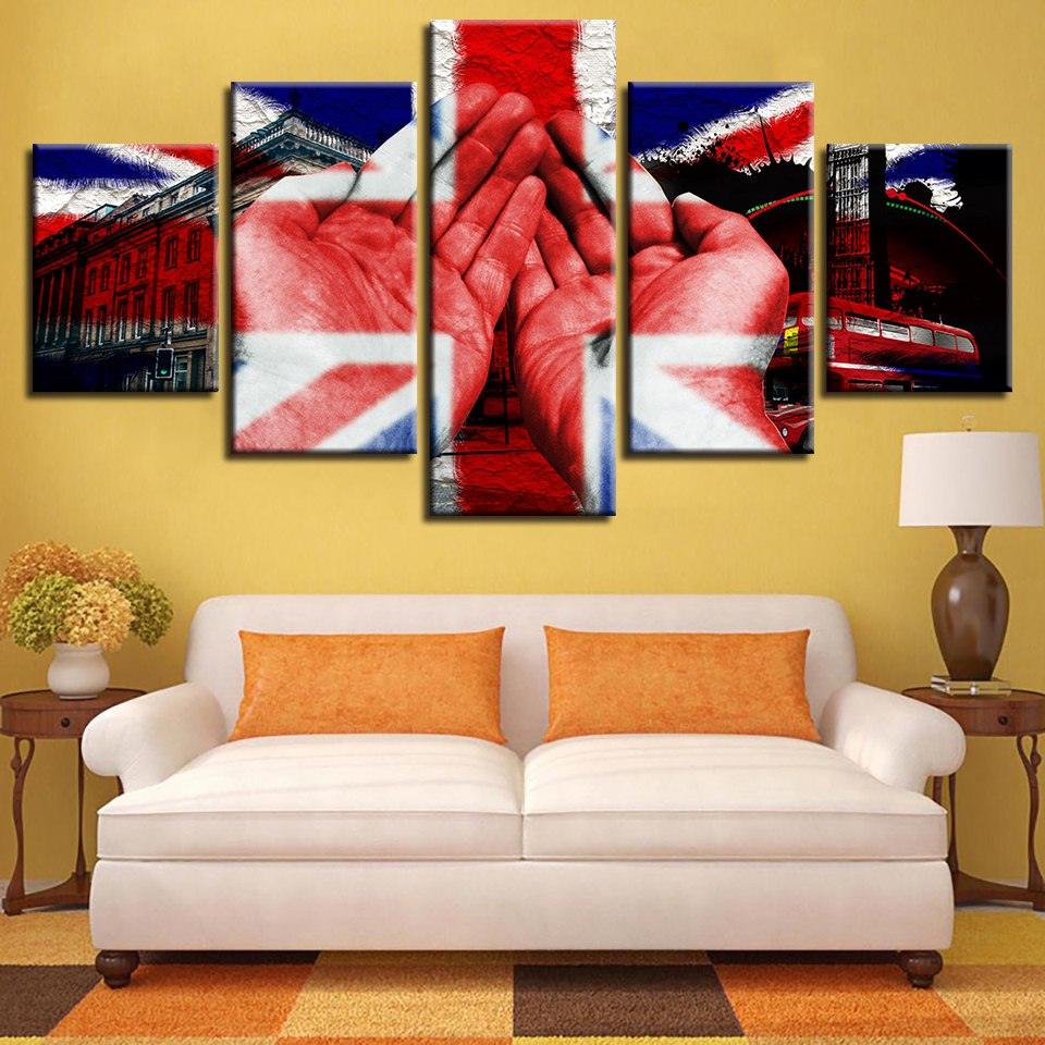 British Flag And Hand Building 5 Piece HD Multi Panel Canvas Wall Art Frame - Original Frame