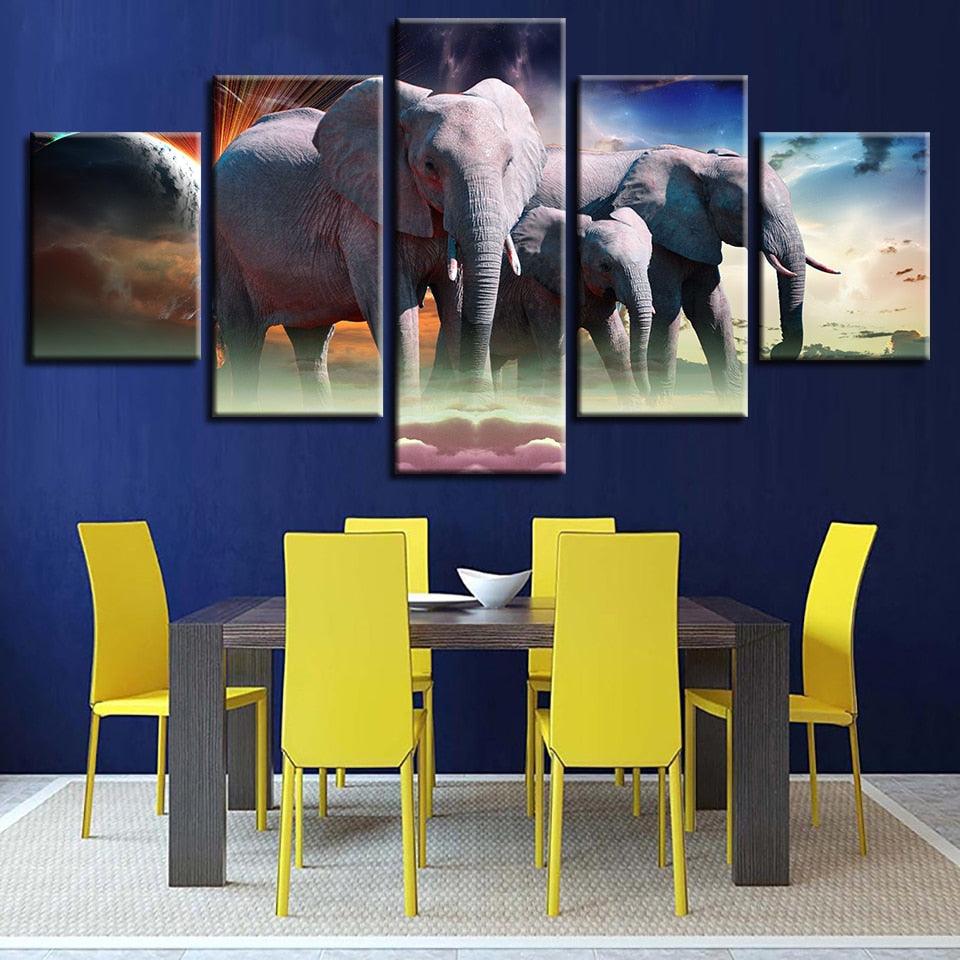 Wild Elephant Pack 5 Piece HD Multi Panel Canvas Wall Art Frame - Original Frame
