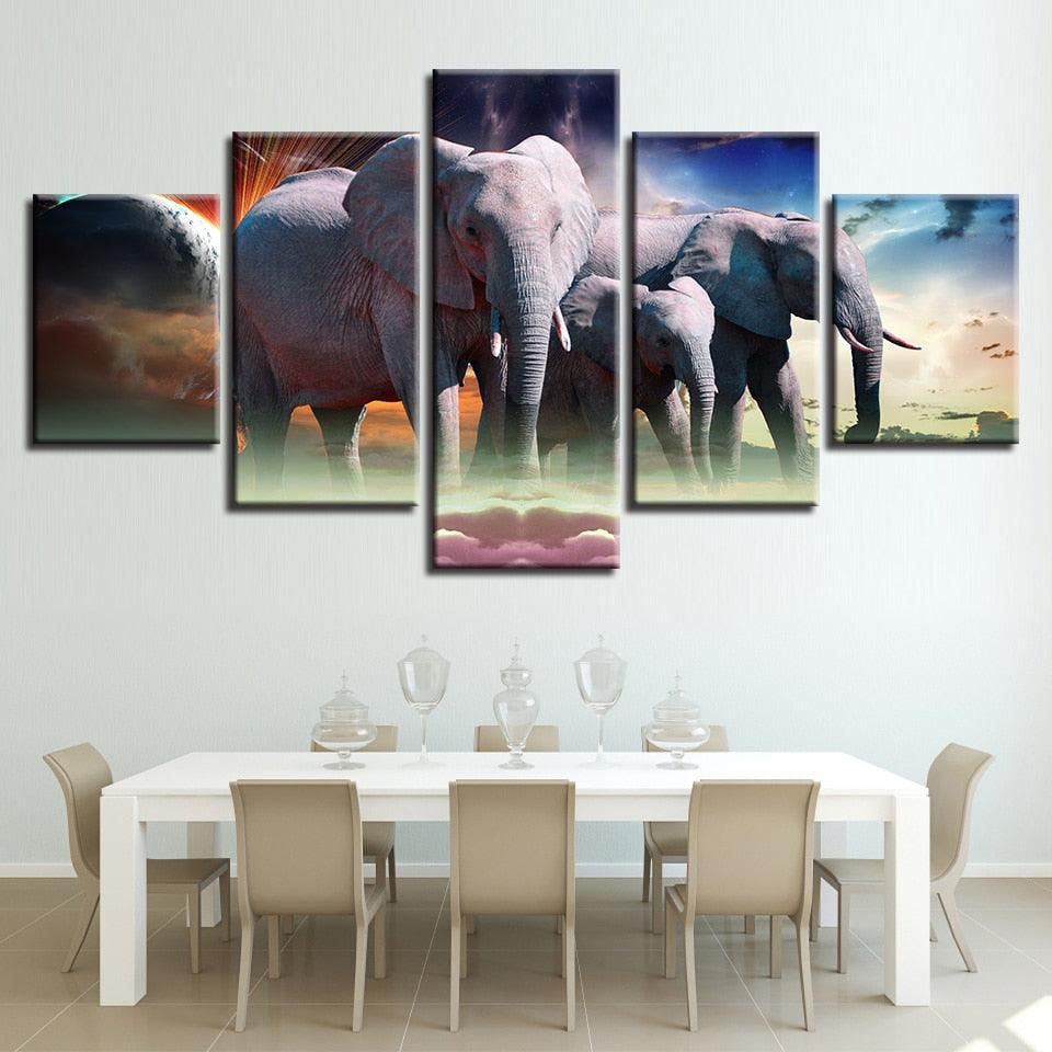 Wild Elephant Pack 5 Piece HD Multi Panel Canvas Wall Art Frame - Original Frame