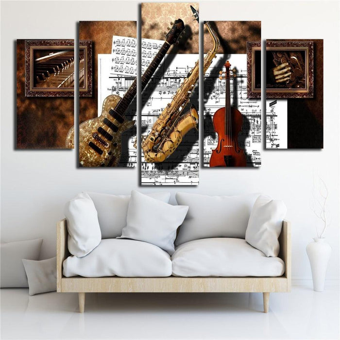 Guitar Saxophone Violin 5 Piece HD Multi Panel Canvas Wall Art - Original Frame