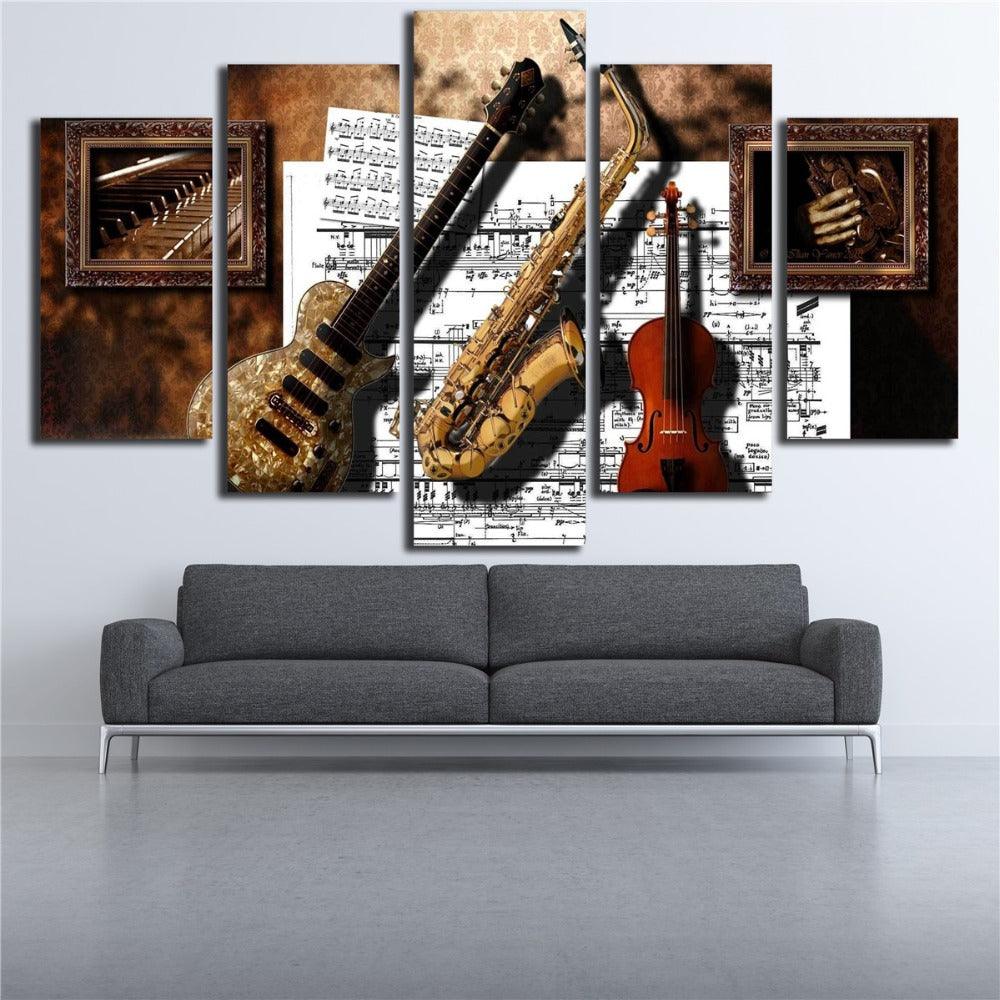 Guitar Saxophone Violin 5 Piece HD Multi Panel Canvas Wall Art - Original Frame