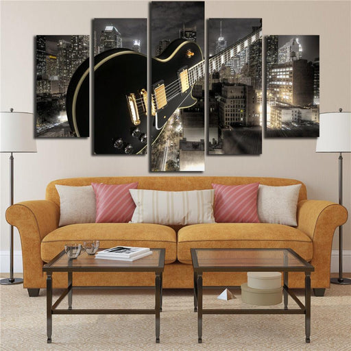 Guitar And City 5 Piece HD Multi Panel Canvas Wall Art - Original Frame