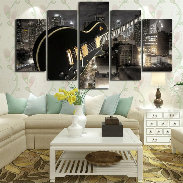 Guitar And City 5 Piece HD Multi Panel Canvas Wall Art - Original Frame