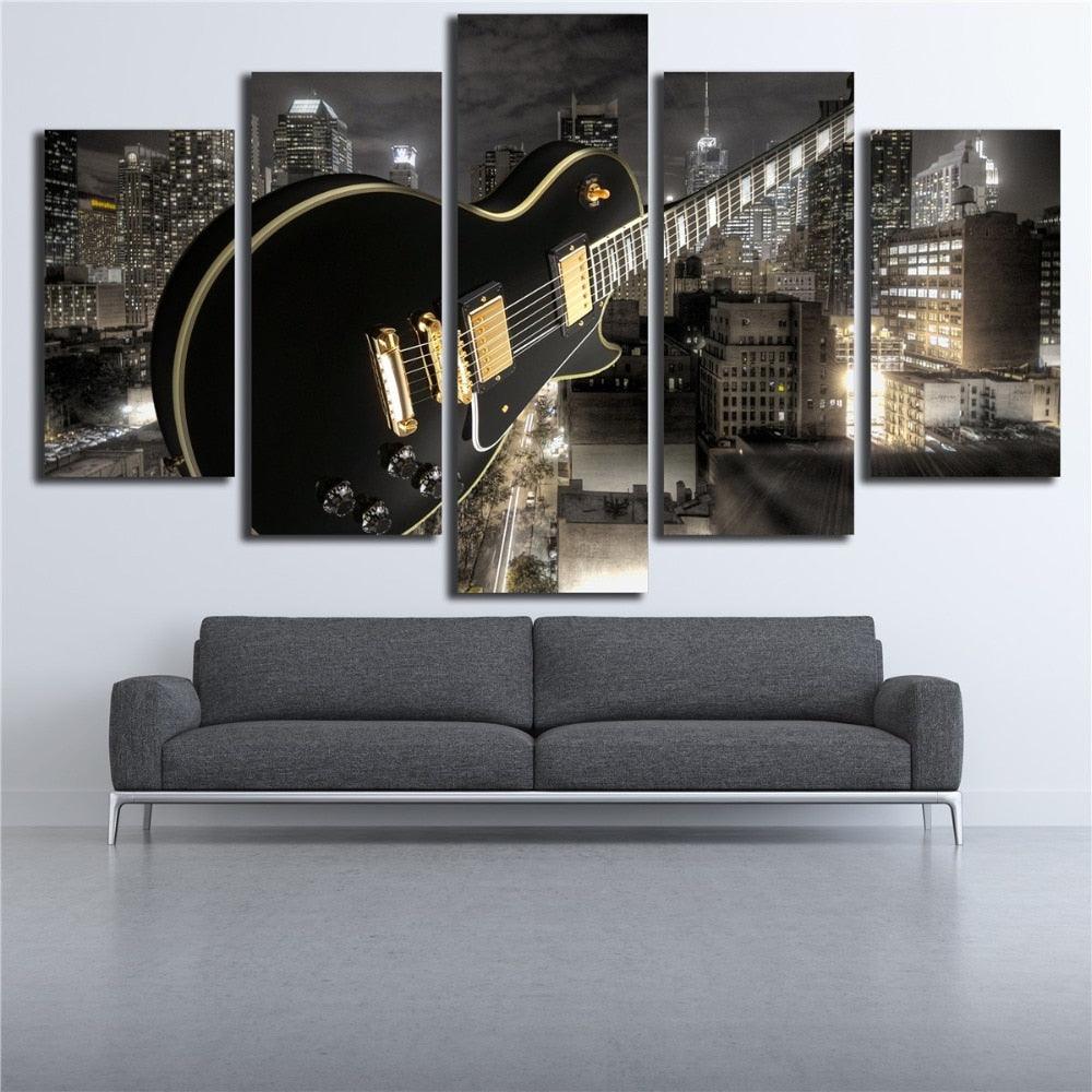 Guitar And City 5 Piece HD Multi Panel Canvas Wall Art - Original Frame