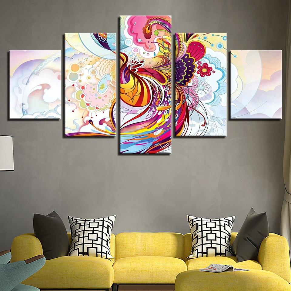 Phoenix Flowers 5 Piece HD Multi Panel Canvas Wall Art Frame - Original Frame