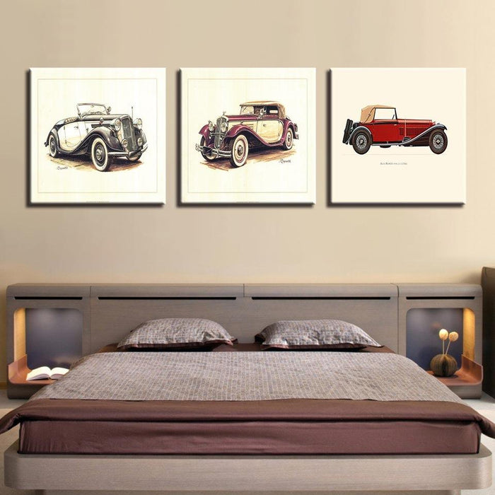 Vintage Car Poster 3 Piece HD Multi Panel Canvas Wall Art Frame - Original Frame