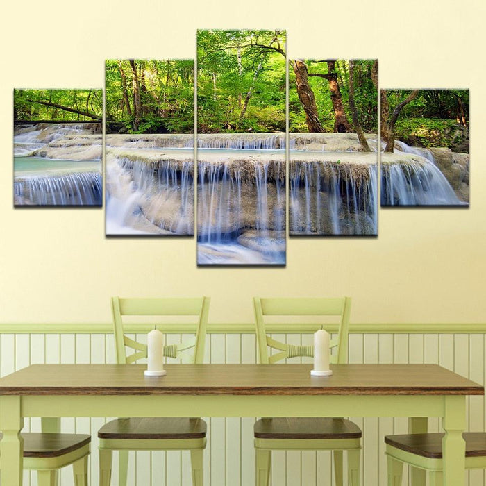 Forest Waterfall 5 Piece HD Multi Panel Canvas Wall Art Frame - Original Frame