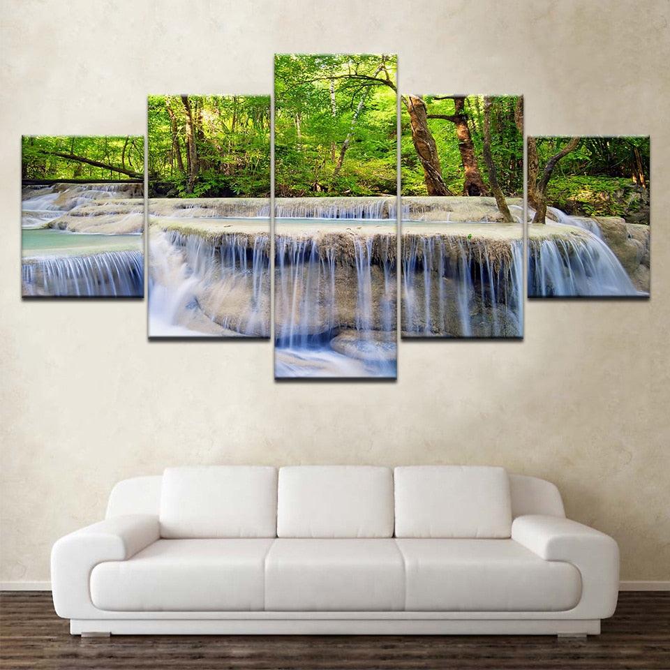 Forest Waterfall 5 Piece HD Multi Panel Canvas Wall Art Frame - Original Frame