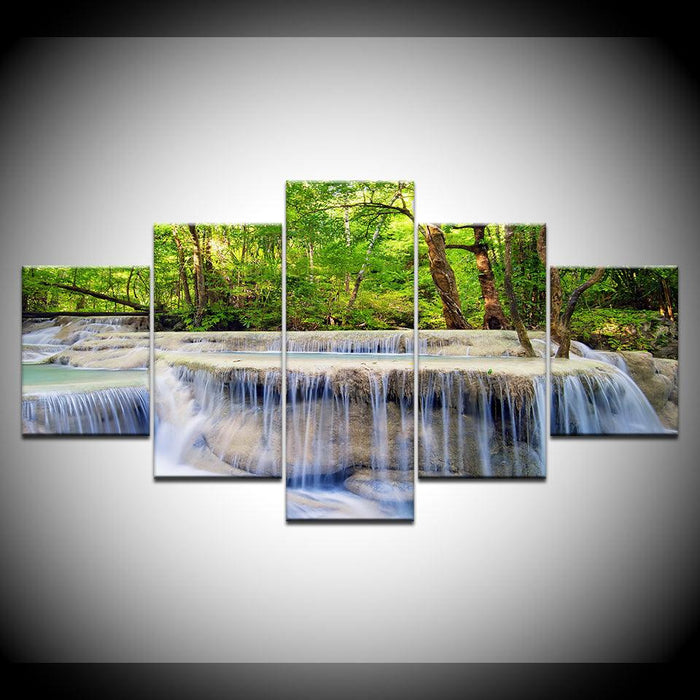 Forest Waterfall 5 Piece HD Multi Panel Canvas Wall Art Frame - Original Frame