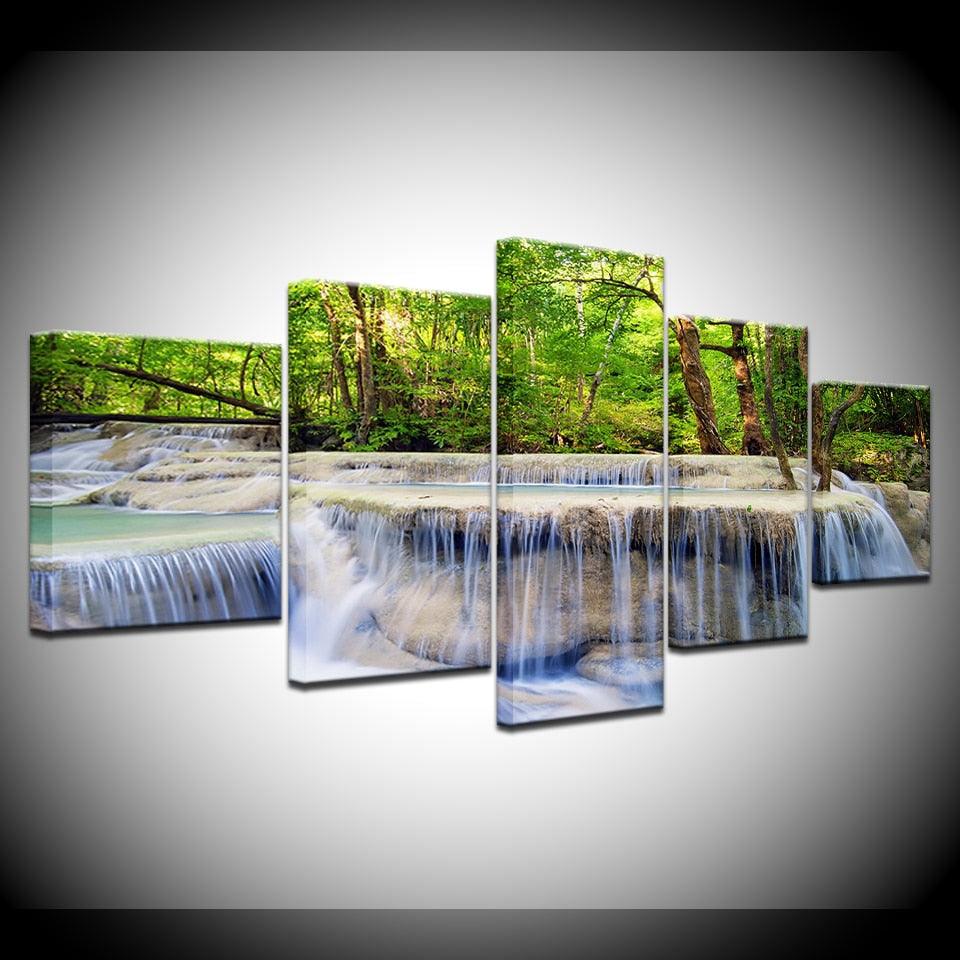Forest Waterfall 5 Piece HD Multi Panel Canvas Wall Art Frame - Original Frame