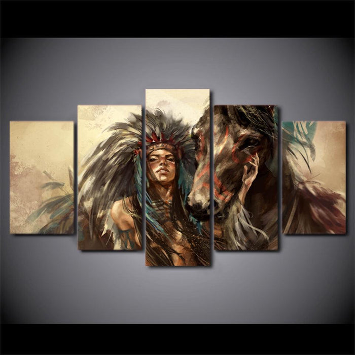 Indian Apache Girl 5 Piece HD Multi Panel Canvas Wall Art Frame - Original Frame