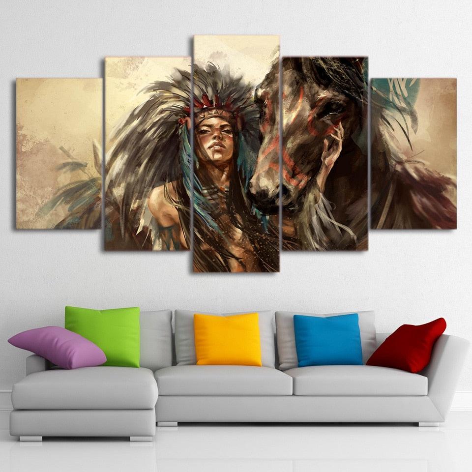 Indian Apache Girl 5 Piece HD Multi Panel Canvas Wall Art Frame - Original Frame
