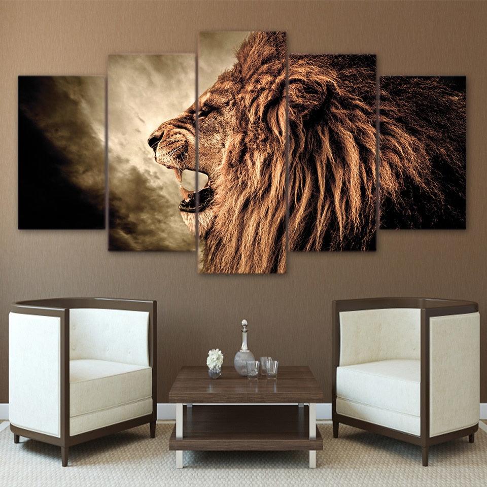 Grand Lion Howl 5 Piece HD Multi Panel Canvas Wall Art Frame - Original Frame