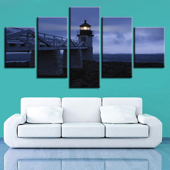 Dusk Seaside Bridge Lighthouse 5 Piece HD Multi Panel Canvas Wall Art Frame