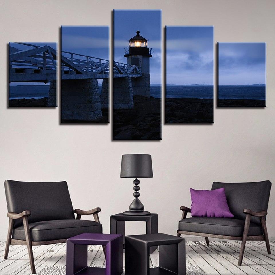 Dusk Seaside Bridge Lighthouse 5 Piece HD Multi Panel Canvas Wall Art Frame - Original Frame