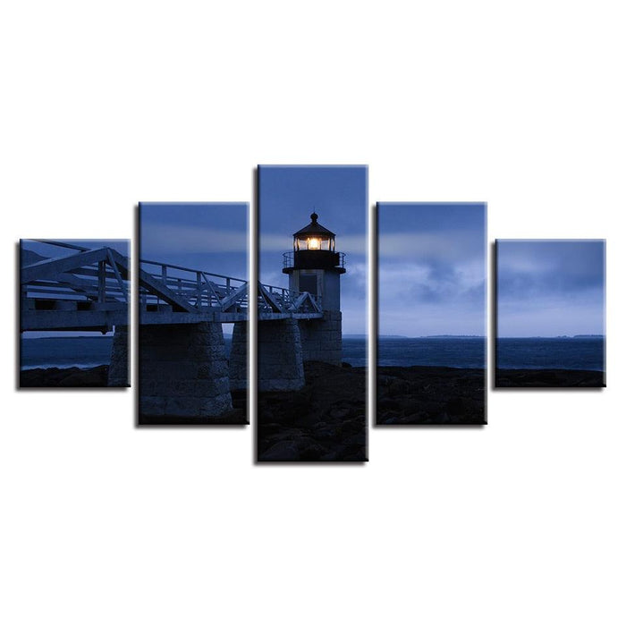 Dusk Seaside Bridge Lighthouse 5 Piece HD Multi Panel Canvas Wall Art Frame